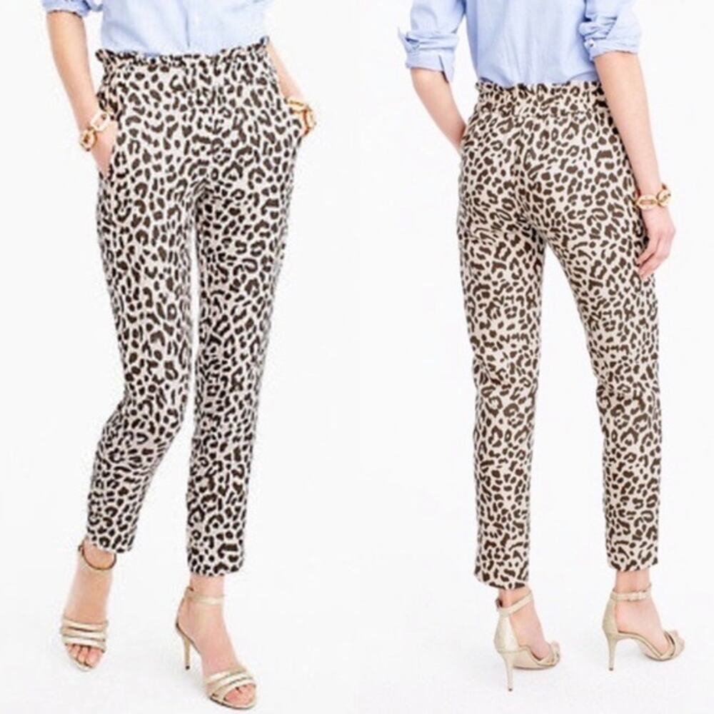 J. Crew Linen Blend Leopard Animal Print Ruffled Paperbag Waist Crop Pants Sz 8